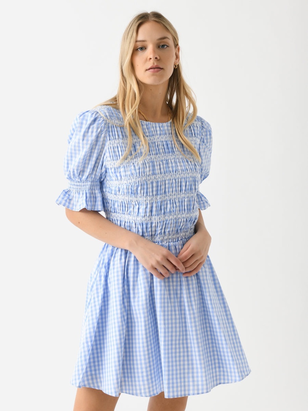 English Factory size S Smocked Gingham Puff-Sleeve Dress in Light Blue